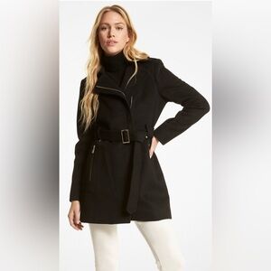 Women’s Michael Kors MK Belted Coat Black Sz Medium M Gold Accents EUC Gorgeous
